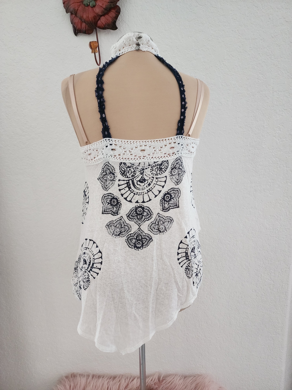 FREE PEOPLE | White Crochet Halter Tank Top with Navy Print - Picture 2 of 13